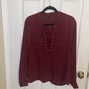 Marroon lace up V-neck blouse